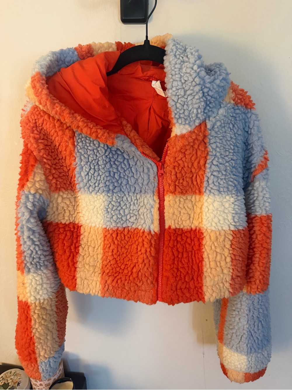Plaid Sherpa Hooded Puffer Jacket in Orange & Light Blue